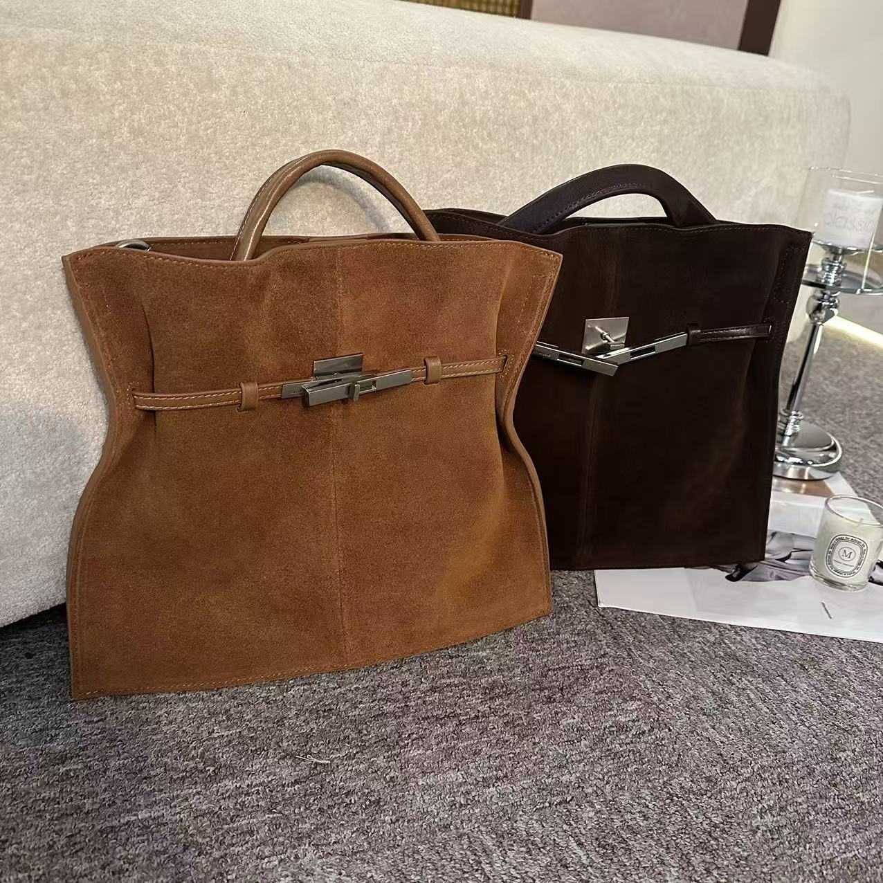 水桶包拉链防盗法式单肩包耐磨敞口简约风通勤风竖款-2123