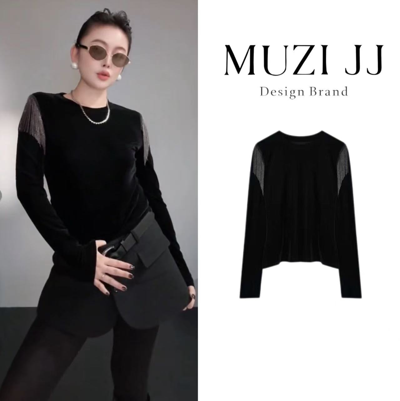 MUZI-25913#重工流苏设计感拼接绒面气质圆领长袖T恤