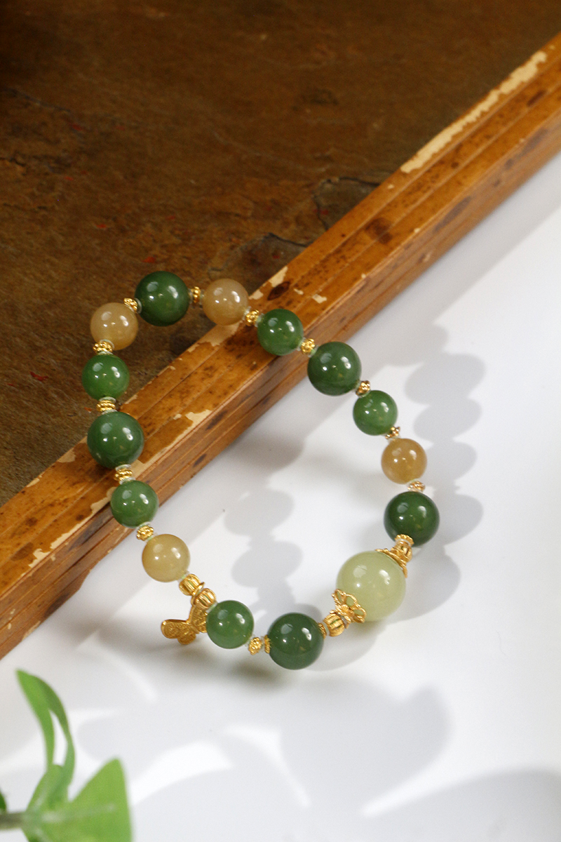 【春序】俄料碧玉配且末糖青黄口单圈手串10mm