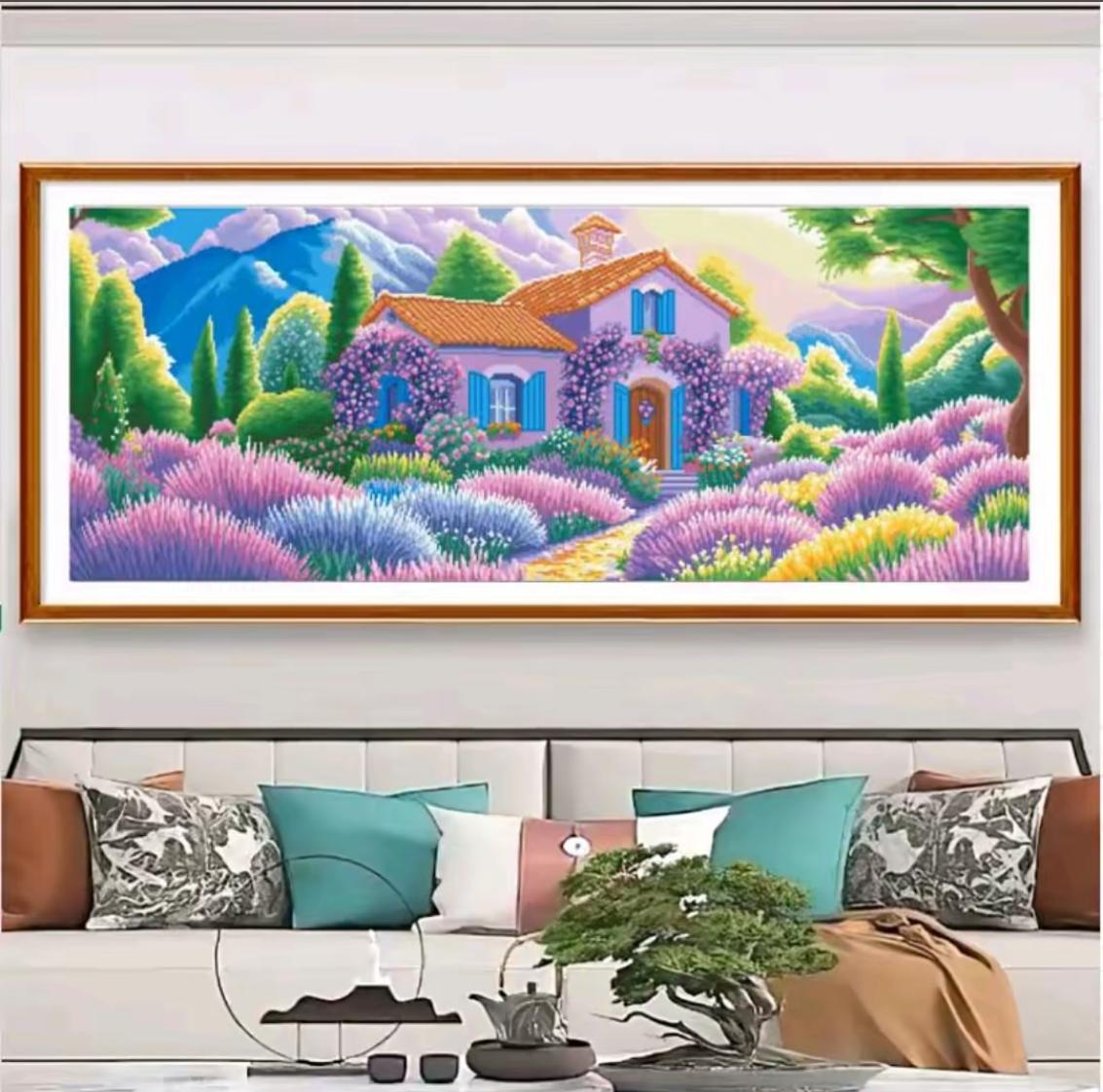 新款薰衣草庄园满绣42色田园线绣手工客厅卧室紫色十字绣装饰画