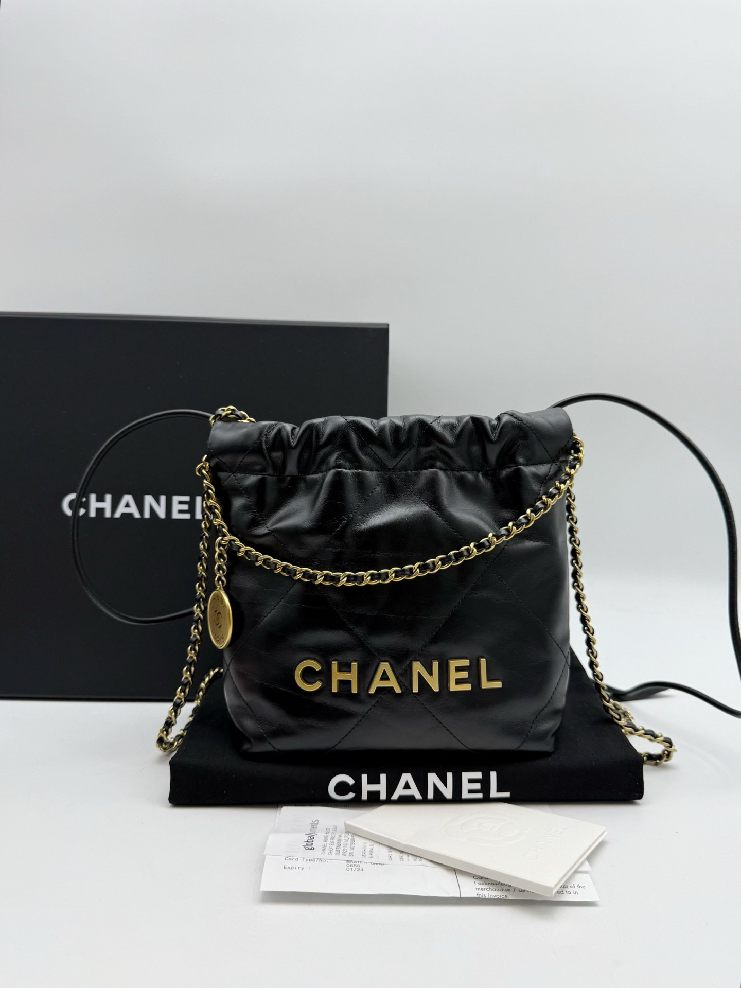 99新 Chanel/香奈儿 全黑22bag mini垃圾袋 单肩斜挎包