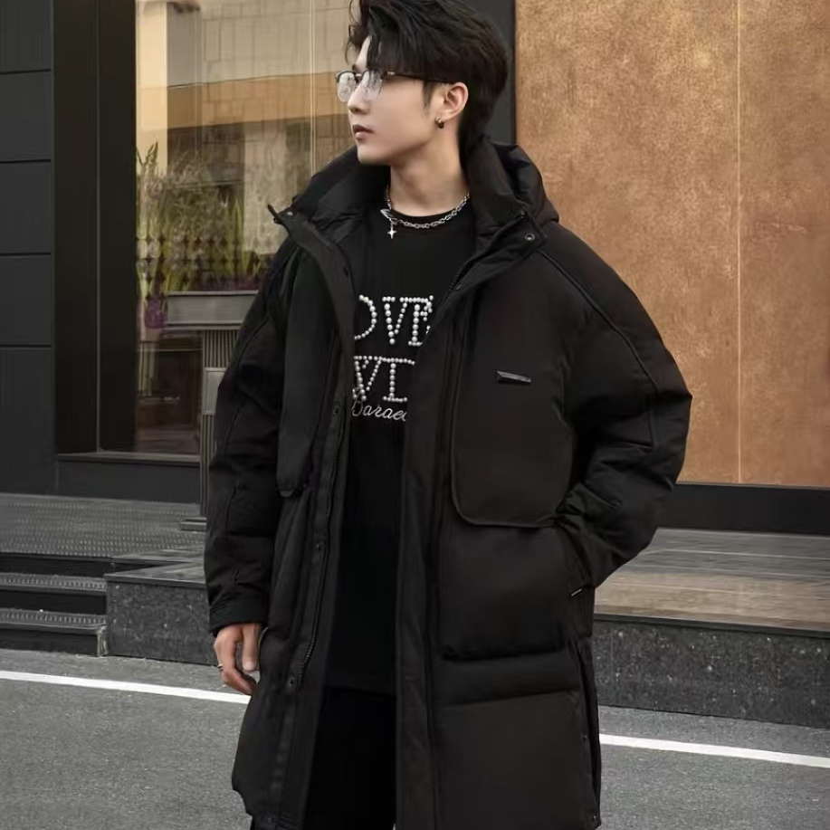 工装风连帽中长款羽绒服男黑色宽松加厚保暖外套173