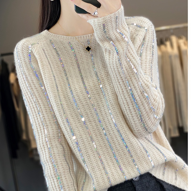 100%绵羊毛加厚秋冬打底衫女圆领套头羊毛衫重工亮片时尚针织衫