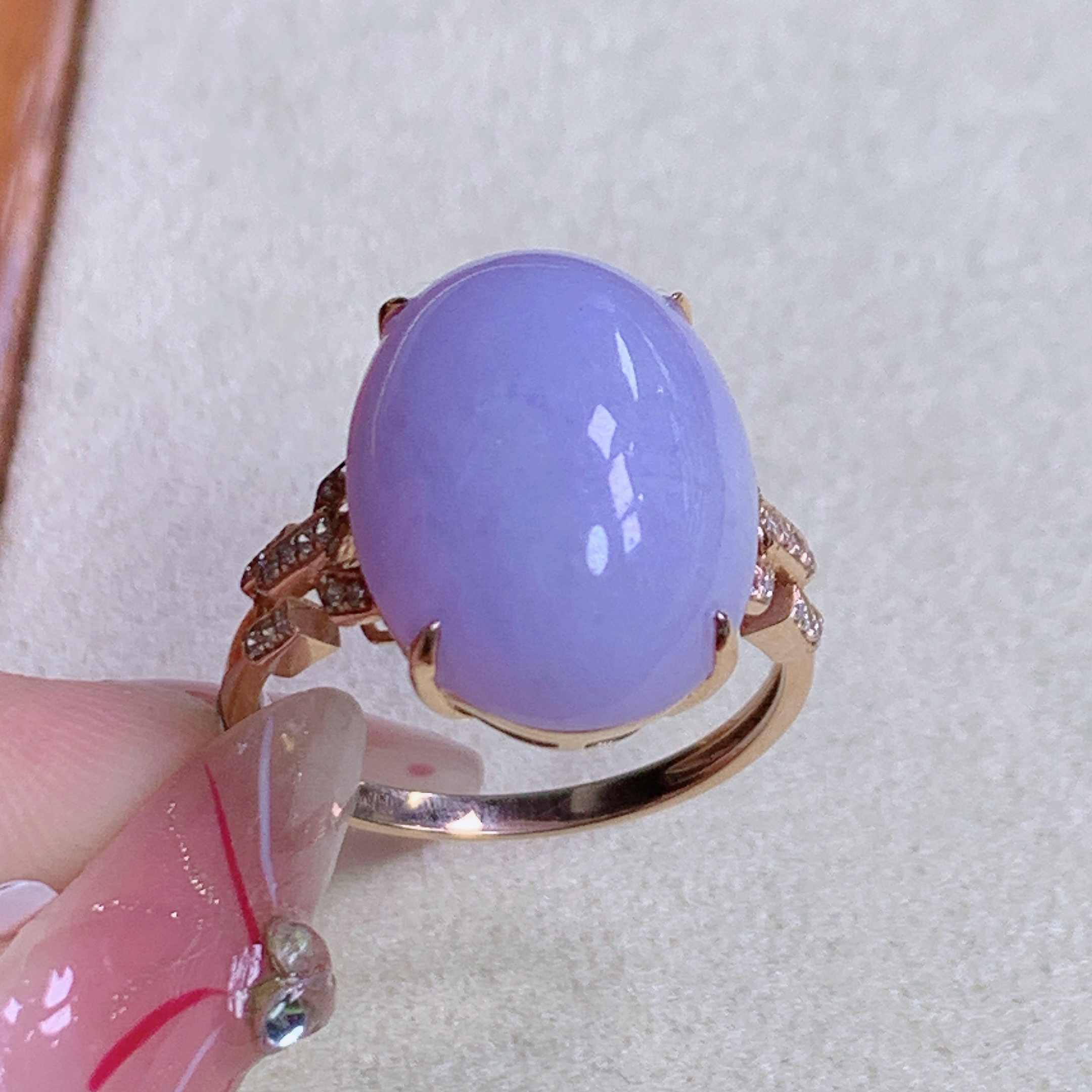 天然缅甸A货翡翠18k金镶嵌冰胶紫罗兰蛋面戒指j卡16.7/12.5/6.4mm