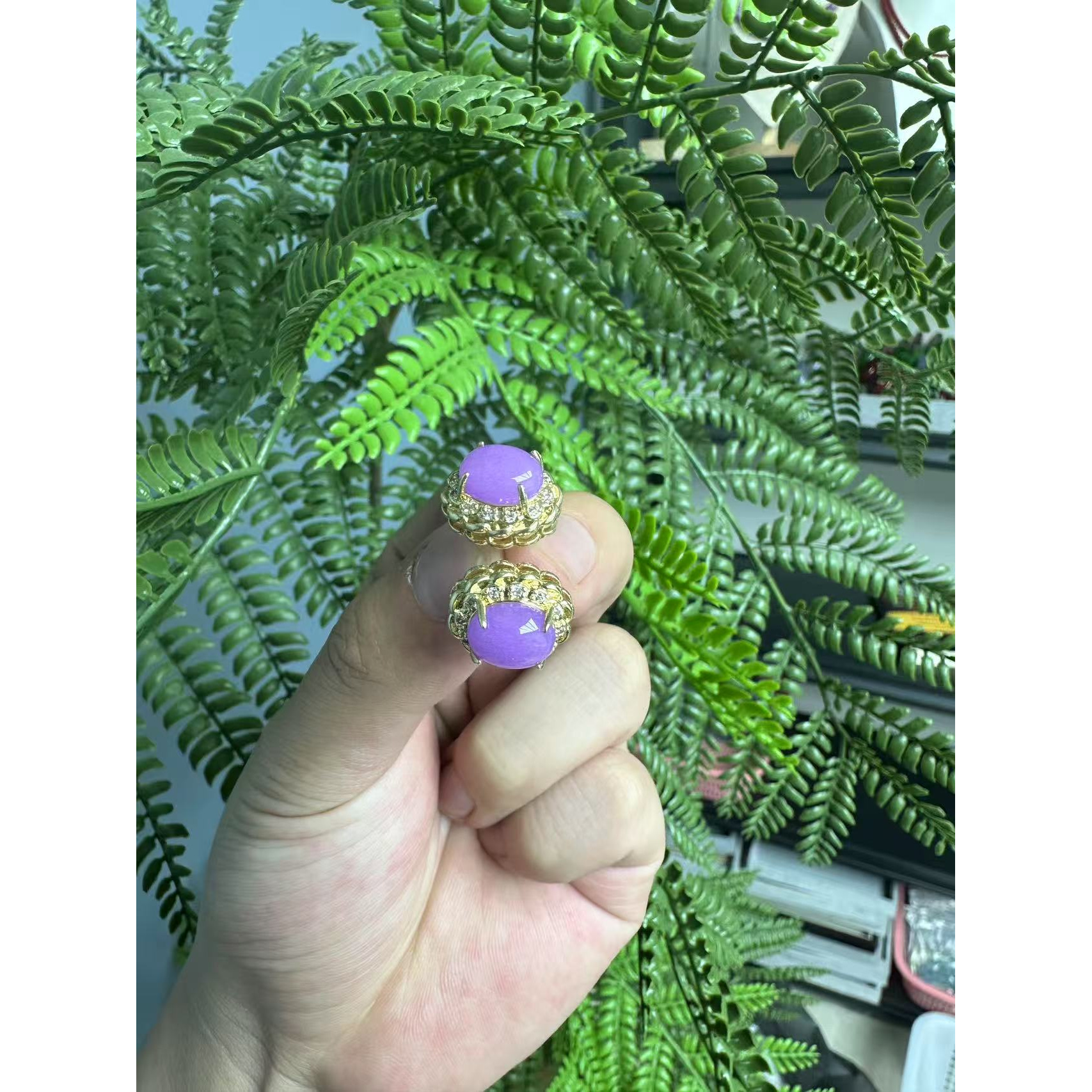 翡翠紫翡14k满钻太阳花耳针