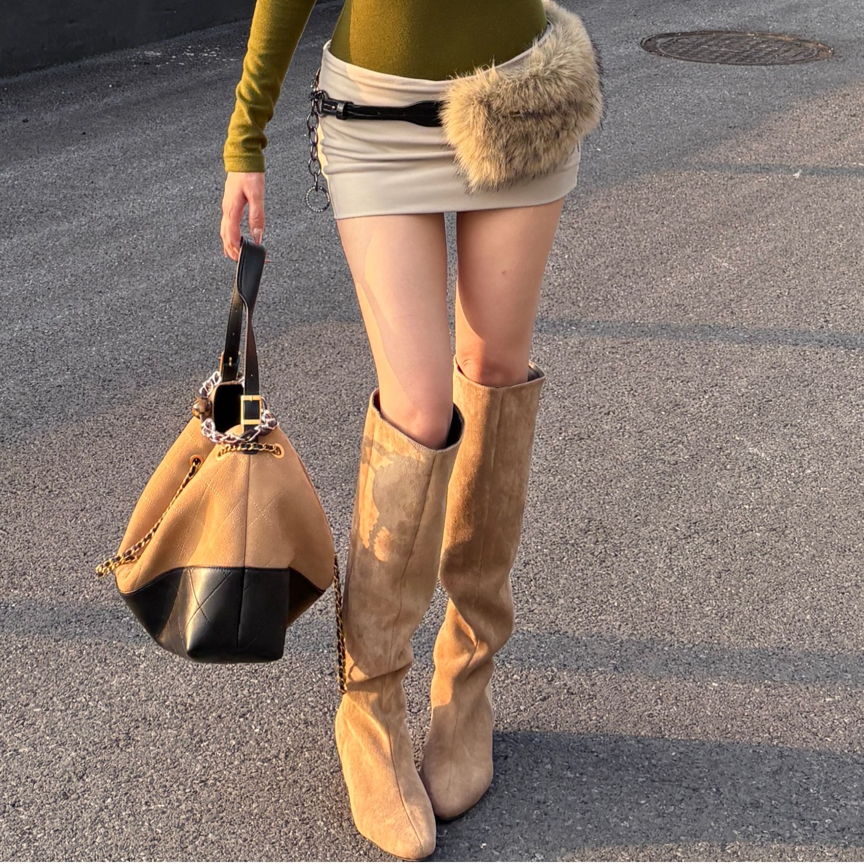 【YYUANZI】“腿精出街”欧美方头磨砂内增高褶皱秋冬长靴