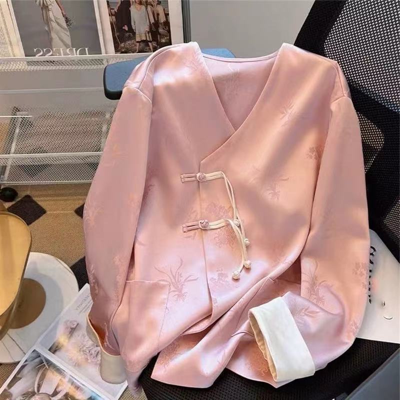 新中式国风缎面衬衫女春季款复古汉元素盘扣衬衣甜美减龄提花上衣