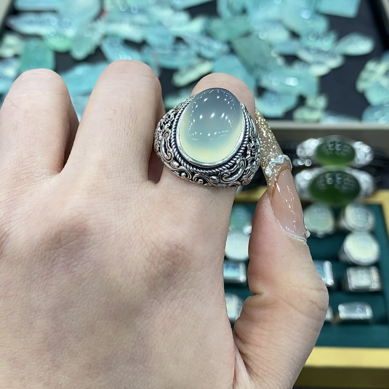 【闪购商品】蛇纹石玉戒指银S925镶嵌