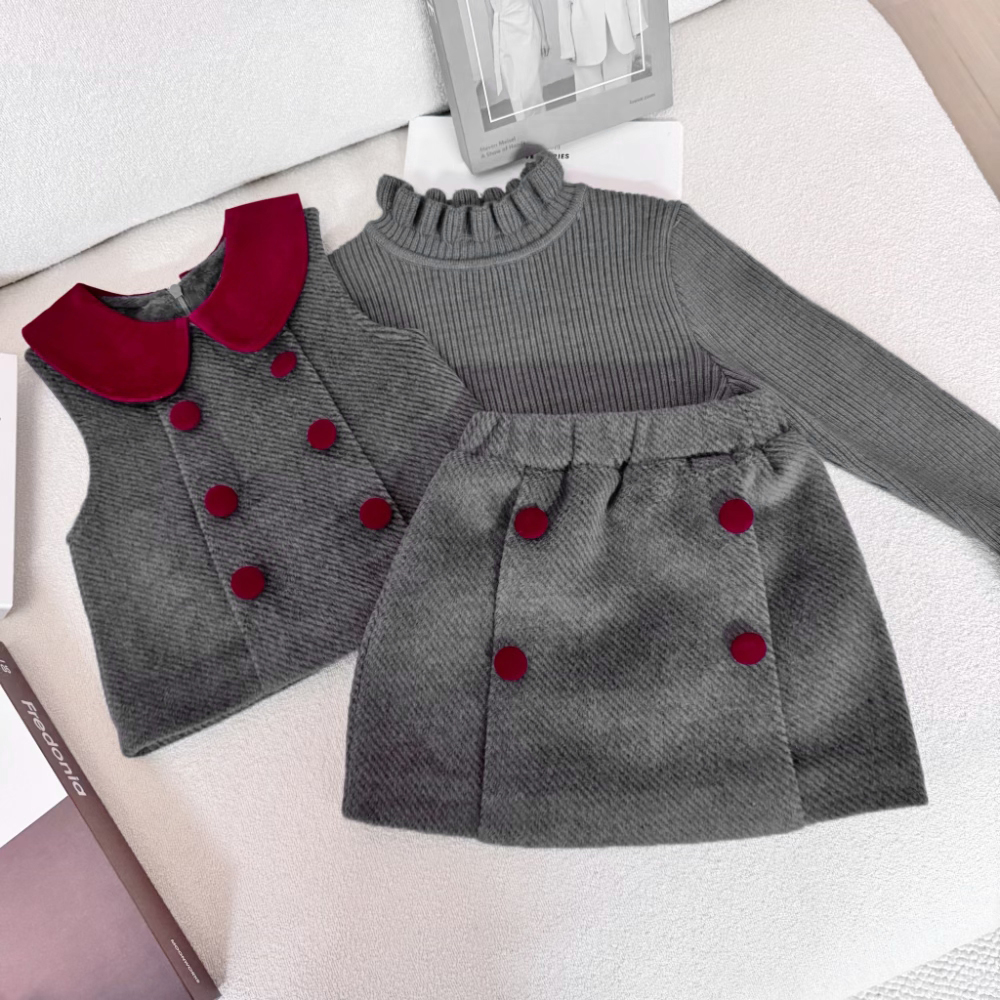 2025年童装女童小香风套装秋冬款洋气宝宝时髦韩版毛呢马甲半裙