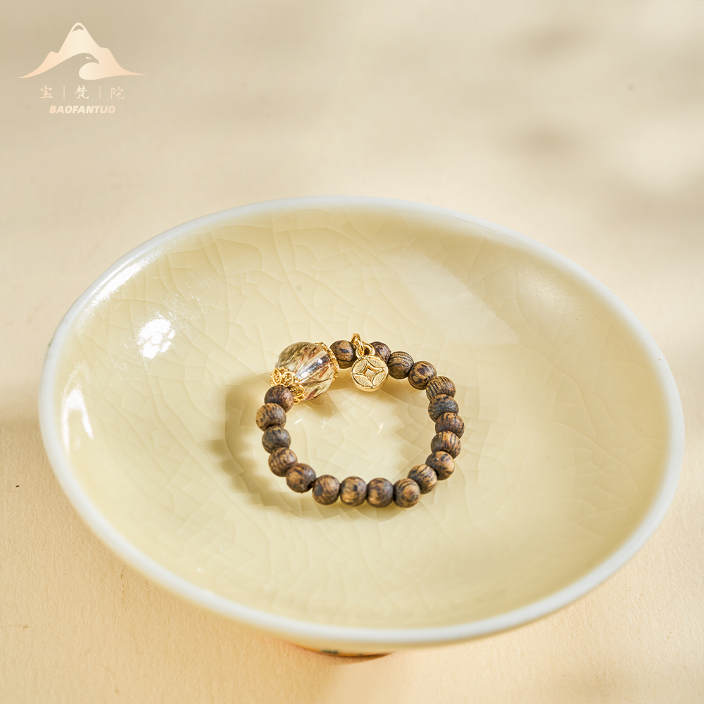 宝梵陀 沉香圆珠奇楠顺纹铜钱戒指9802