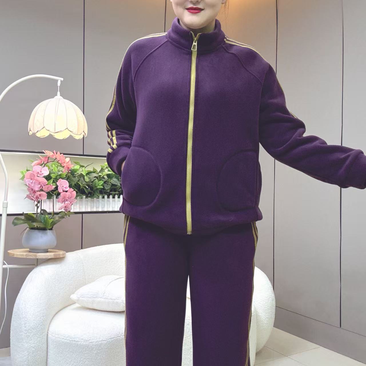 25127立领套装冬季新款北极绒休闲大码套装