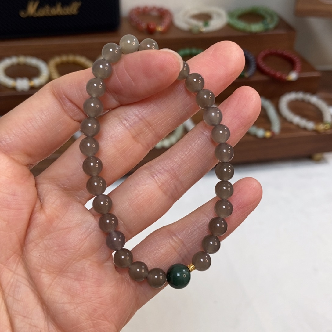 和田玉银S925镶嵌手链福利6mm深冰烟灰