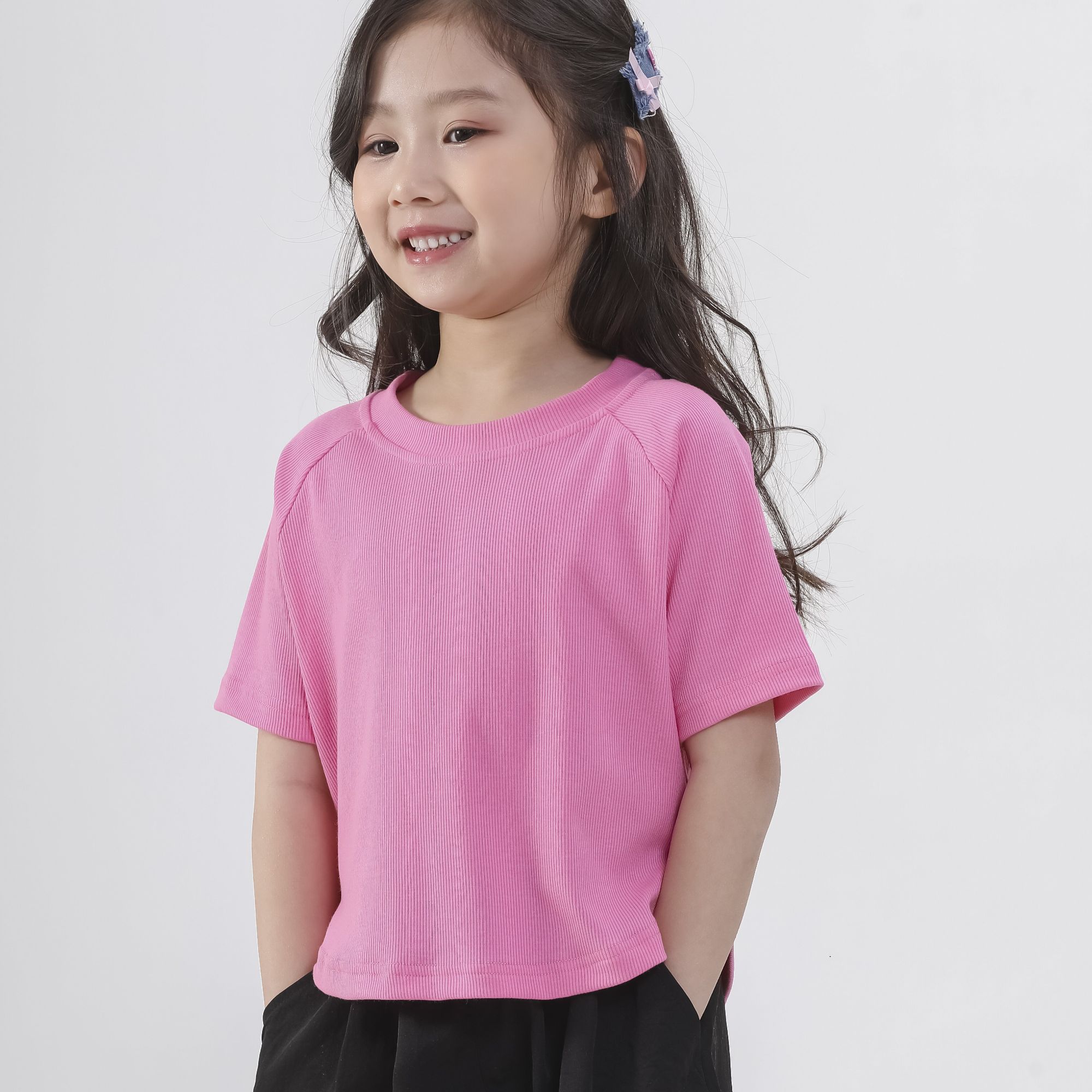 肉肉家-【超弹百搭T恤】儿童夏季竖条纹百搭休闲圆领弧形下摆上衣