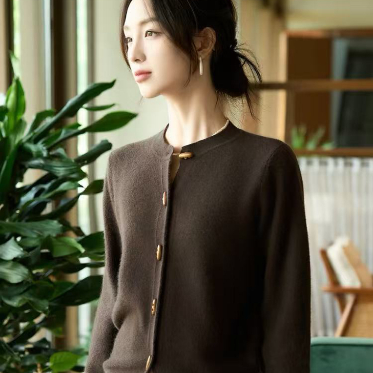 女士超细羊毛圆领长袖开衫