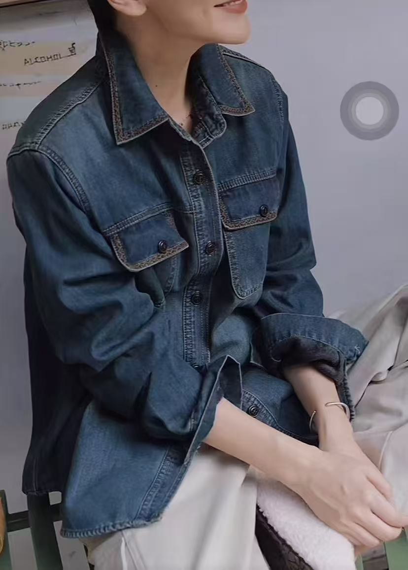 欧洲站2025冬季新款复古双口袋设计牛仔衬衫女加绒显瘦宽松外套潮