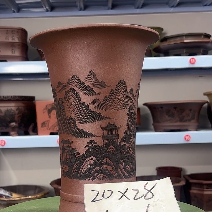 花盆紫砂刻绘山水