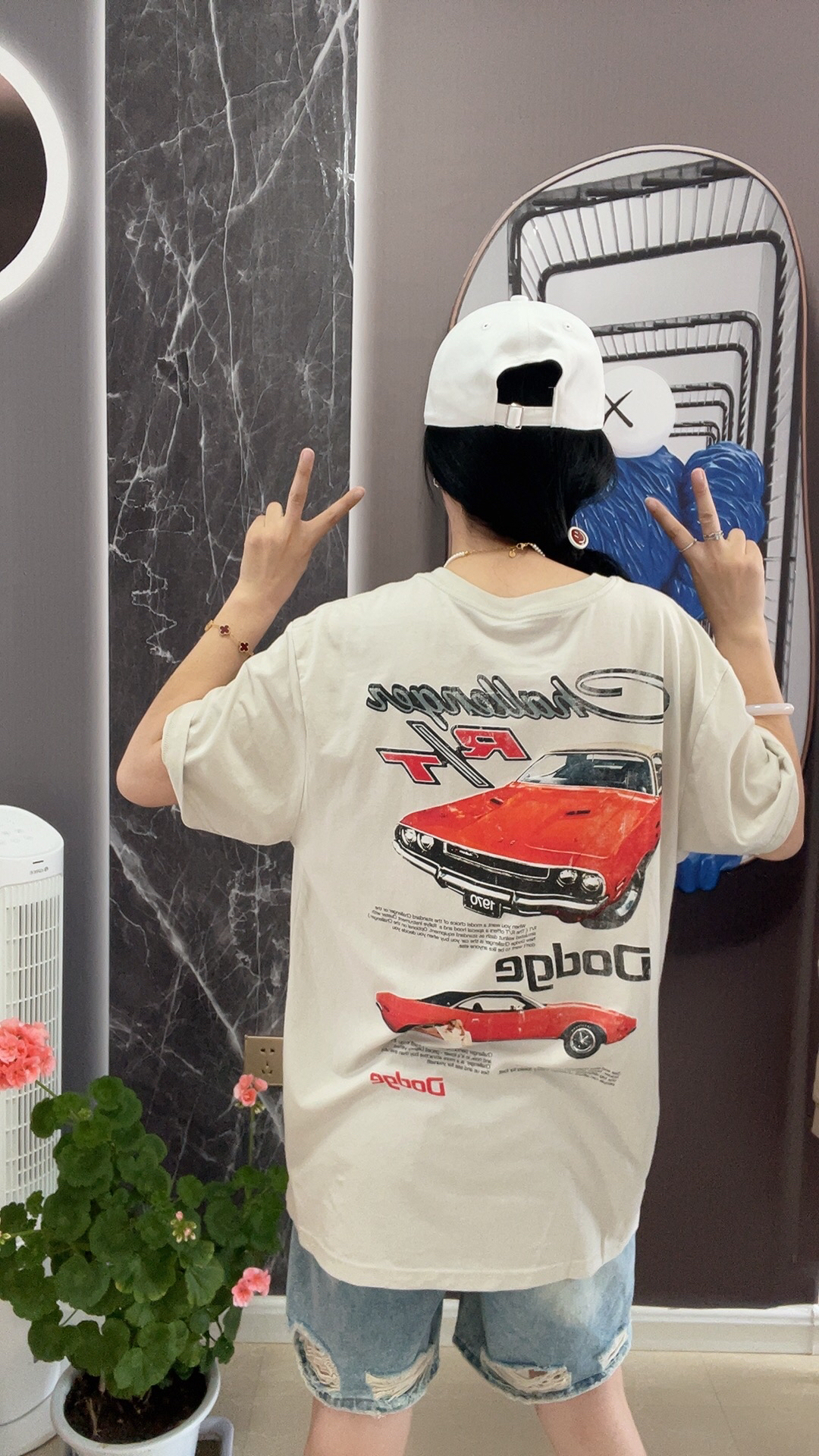 外贸纯棉大码T恤后背红色小汽车图案男女同款