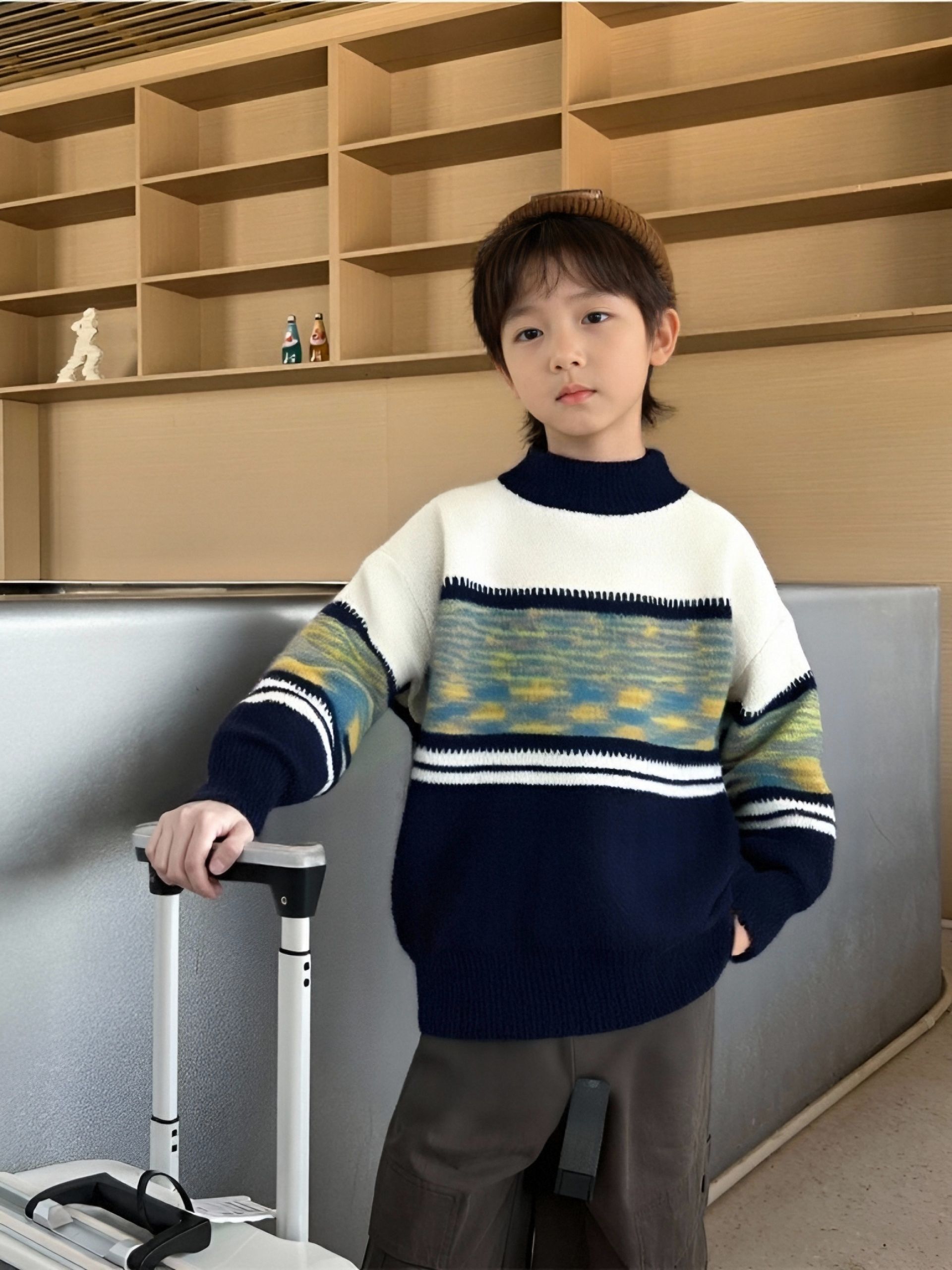 中大童条纹韩版针织衫宽松洋气加厚保暖毛衣儿童秋冬极简风毛衣