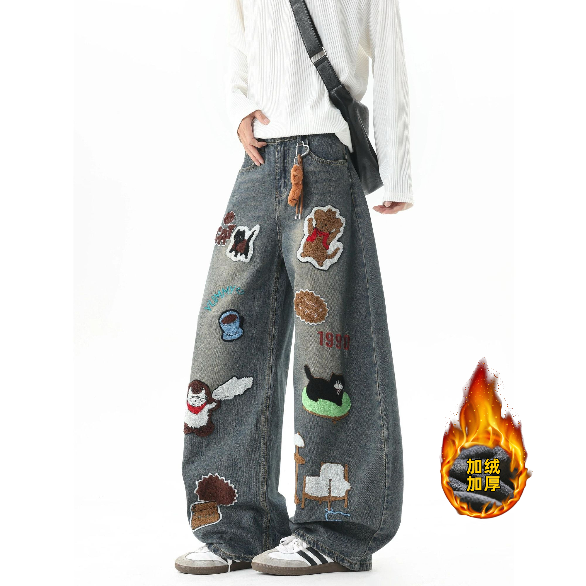 美式卡通毛巾绣牛仔裤男冬季潮牌设计感阔腿裤子宽松百搭拖地长裤