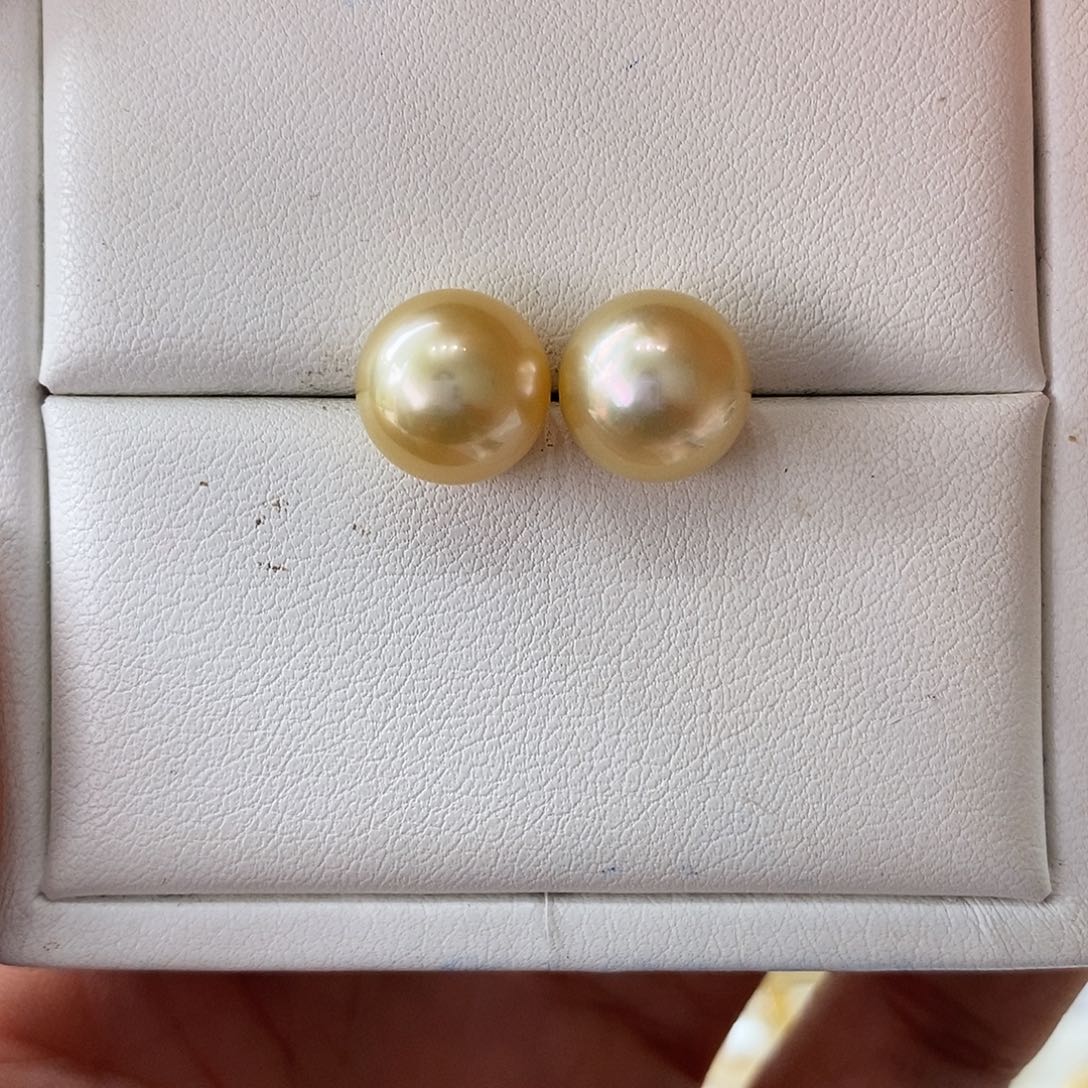 海水珍珠耳饰18K金镶嵌南洋金珠10-11m m