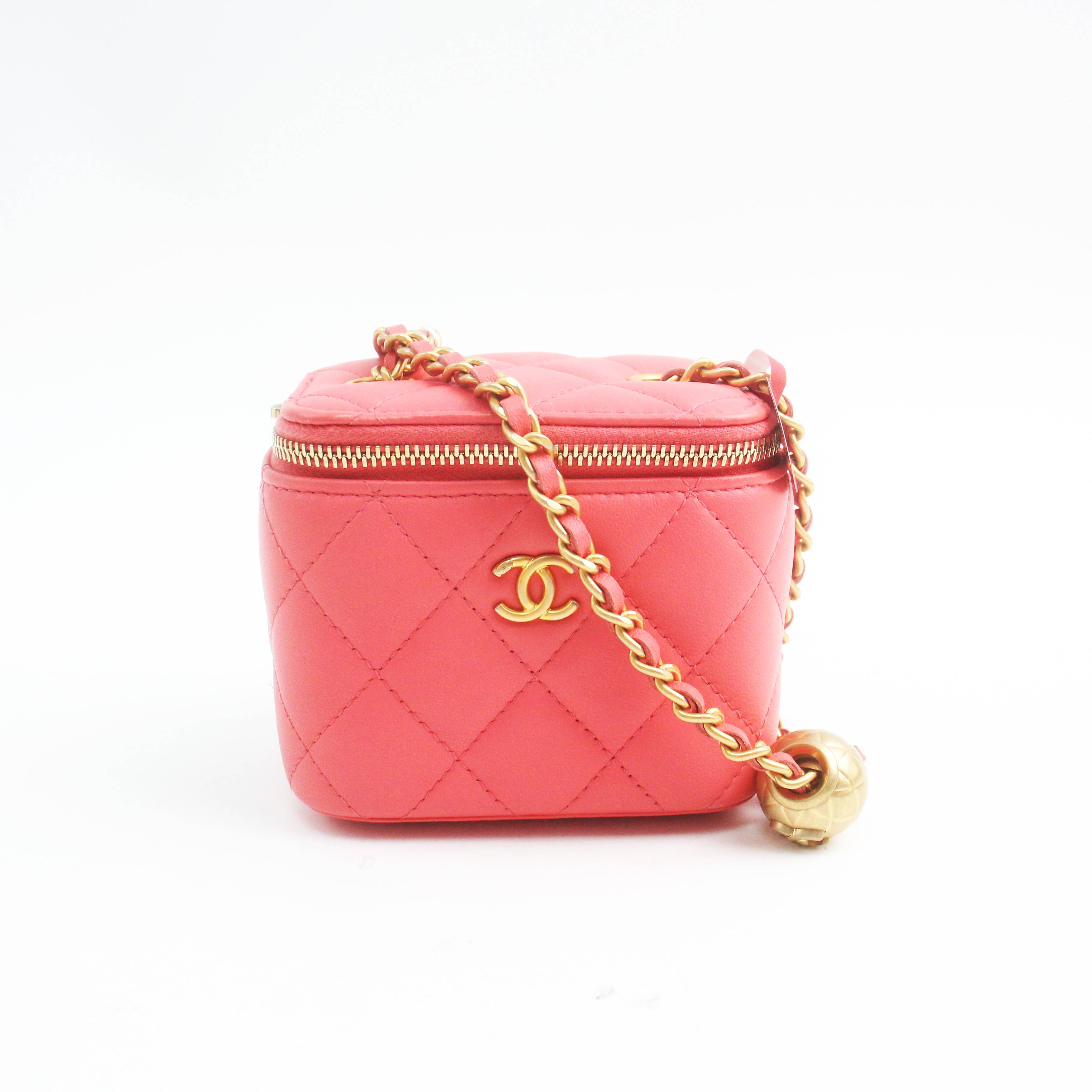 95新 Chanel/香奈儿 78098B21C珊瑚色金球化妆包单肩斜挎包