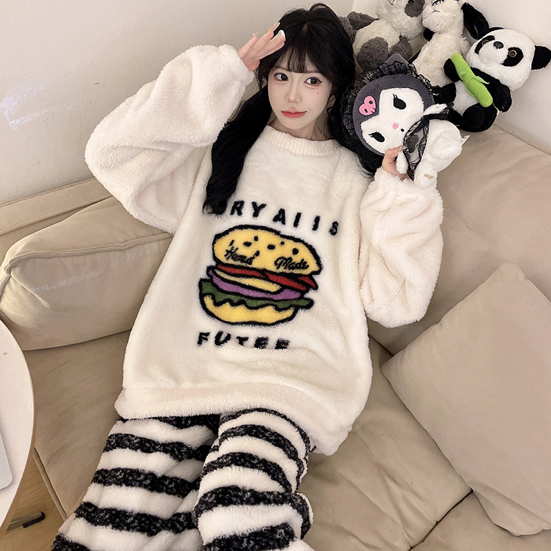 睡衣女冬季新款甜美可可汉堡爆款少女加绒加厚冬款家居服可外穿