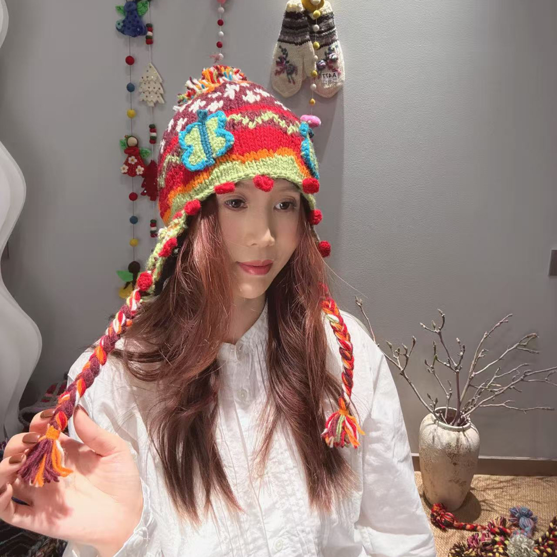 重工钩花蝴蝶帽*尼泊尔异域风情纯手工羊毛帽子针织帽