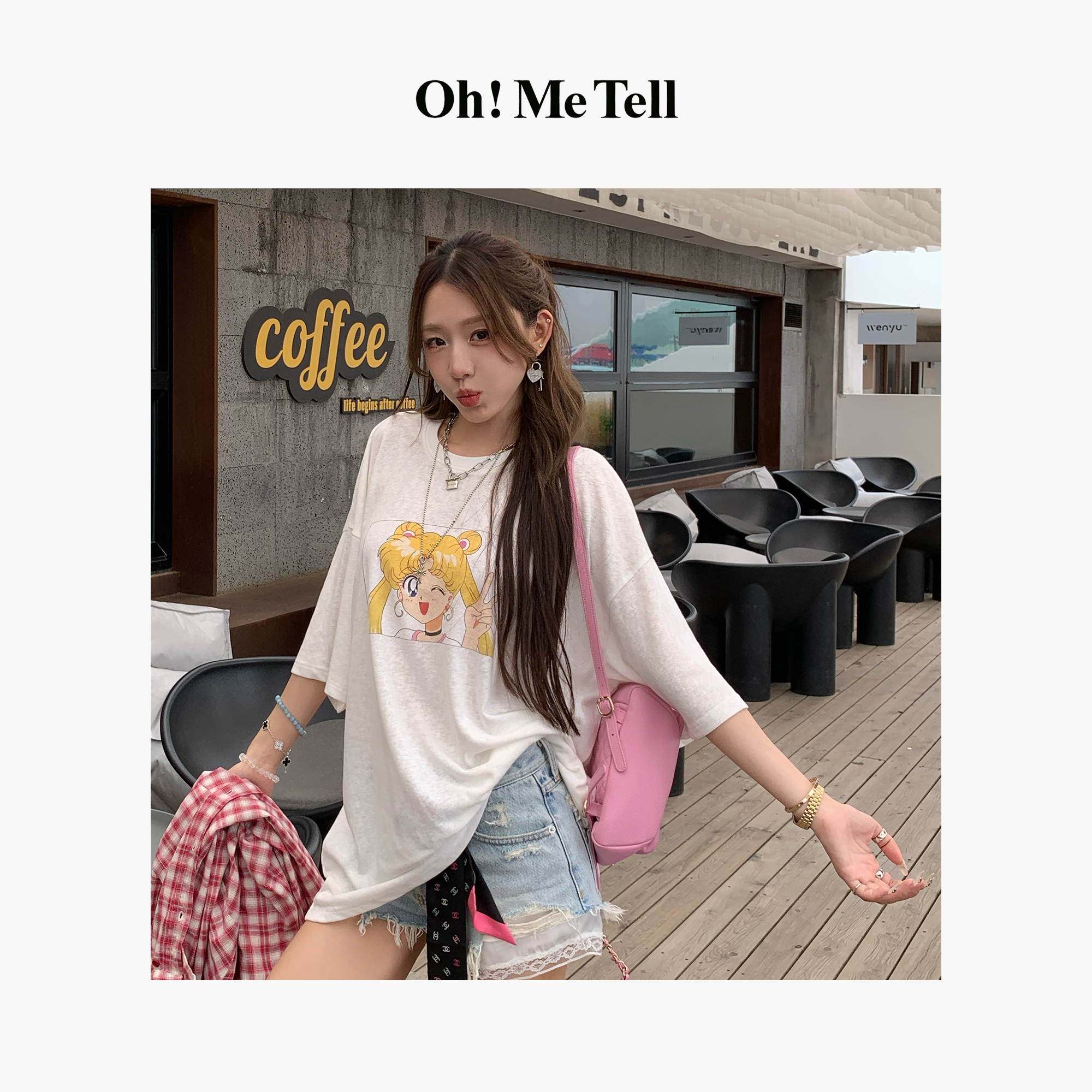 Oh！Me Tell【比耶美少女】可爱卡通印花宽松百搭休闲圆领短袖T恤女