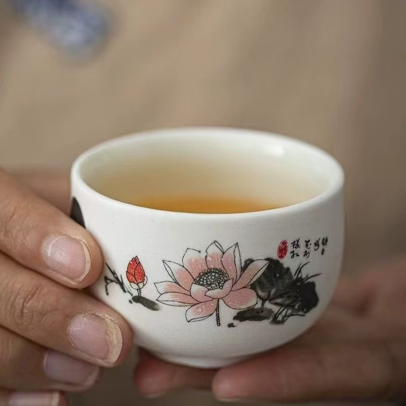 福袋《水墨荷花》雪花粉釉主人杯