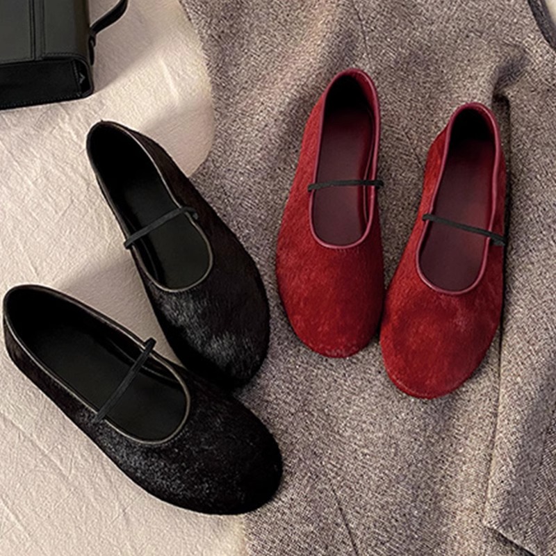 羊皮版~法式圆头马毛一字带玛丽珍百搭舒适平底浅口芭蕾舞单鞋女