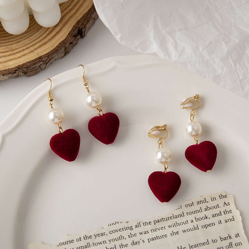 铜合金耳饰 42韩版酒红爱心耳环耳夹显瘦清新简约耳钩耳饰品