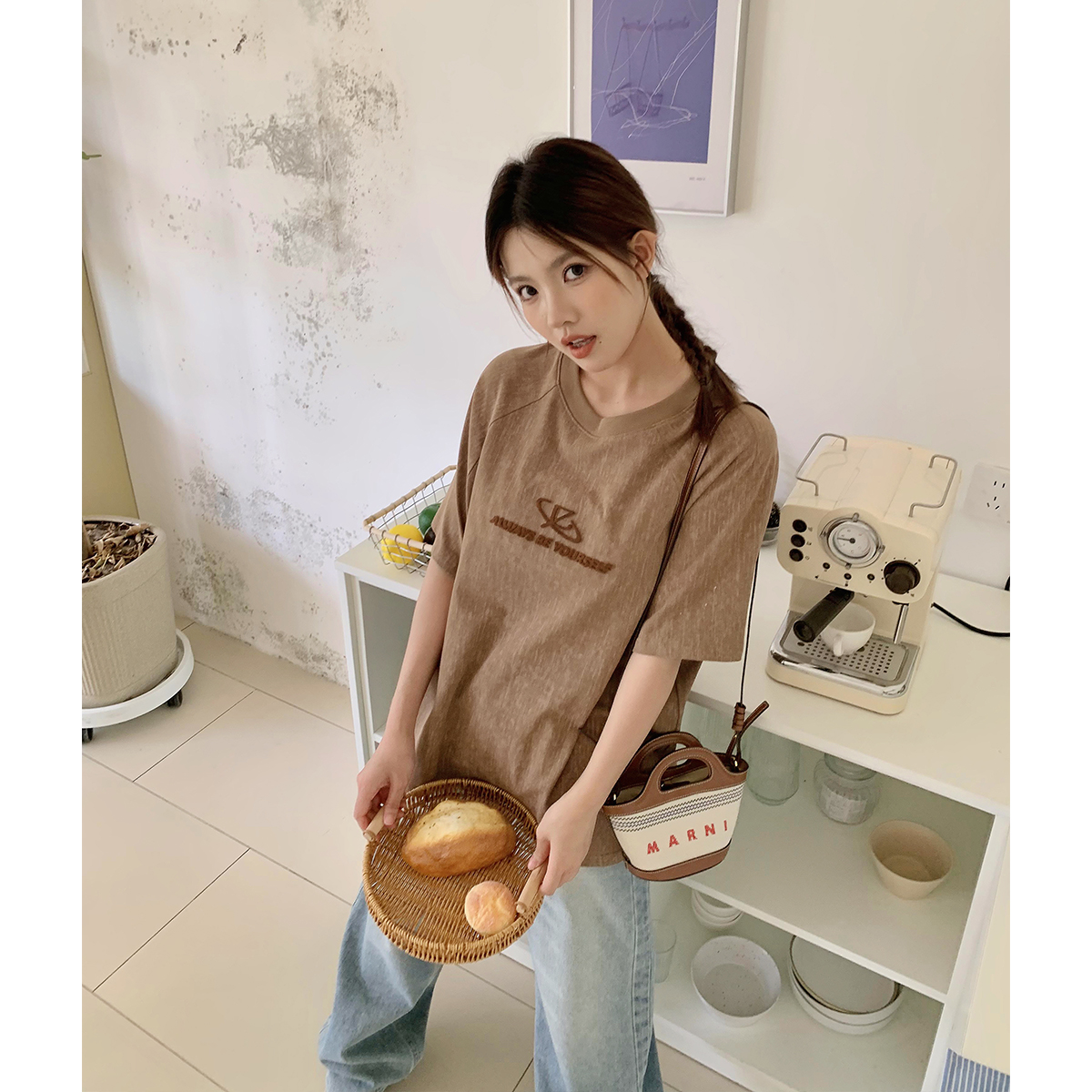 晶咕白标 韩版水扎染字母宽松插肩袖T女夏季宽松显瘦大码上衣