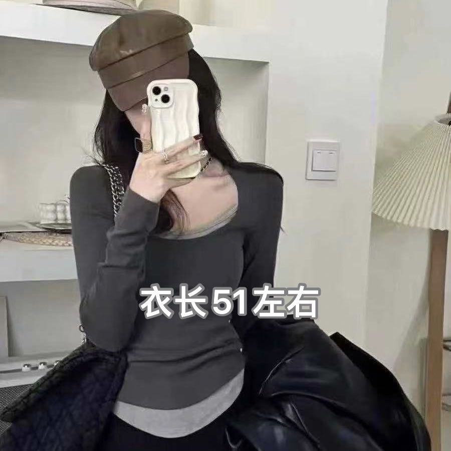  3511不规则假两件U领打底衫
