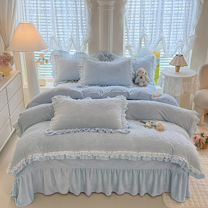 富安娜冬季法式床盖款牛奶绒四件套加厚保暖冬双面宝宝绒床上用品