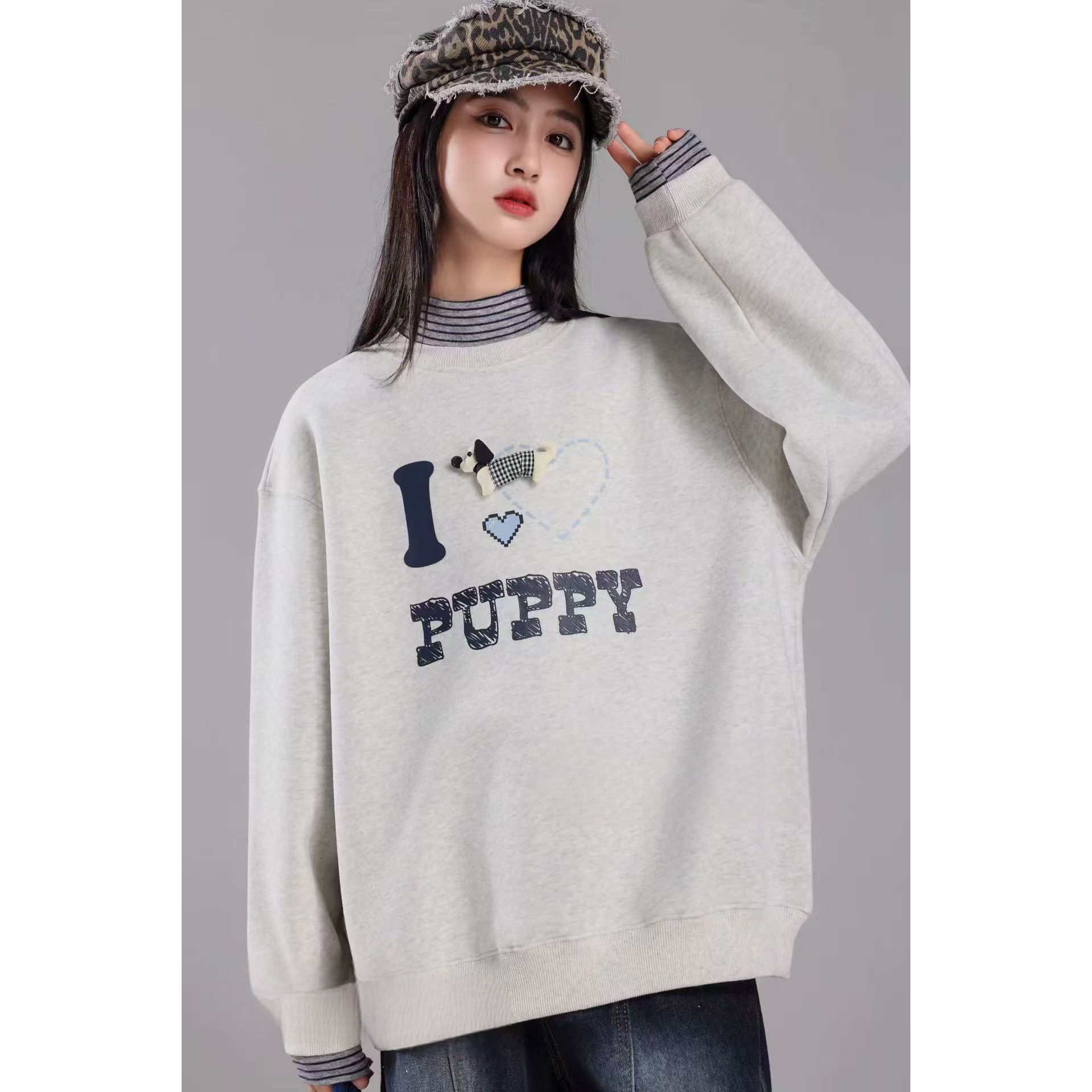 82532 秋冬款立体小狗打底拼接假两件加绒加厚卫衣