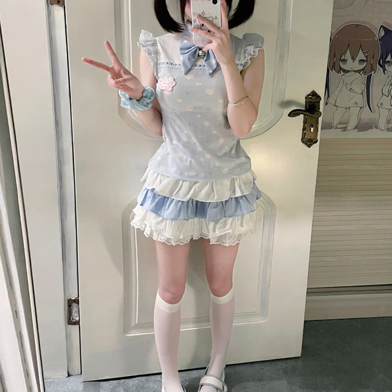 中华娘蓝色旗袍上衣原创设计女儿服软妹甜女童亲子装春夏刺绣重工