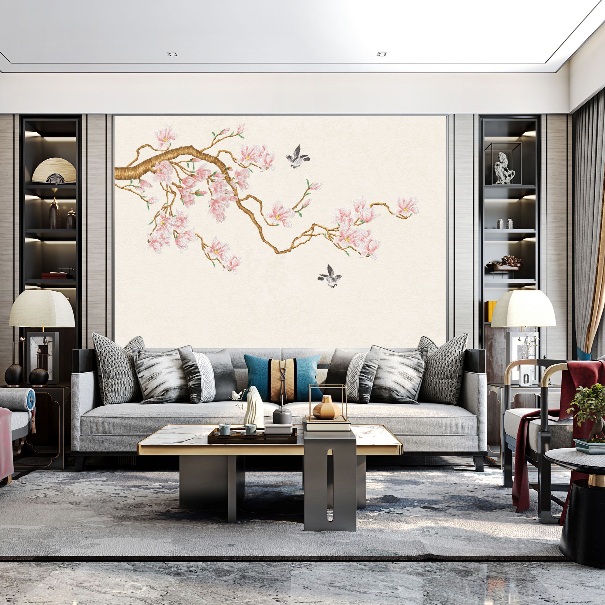 独绣刺绣无缝壁布玉兰花开客厅电视沙发背景墙布新中式独秀花鸟