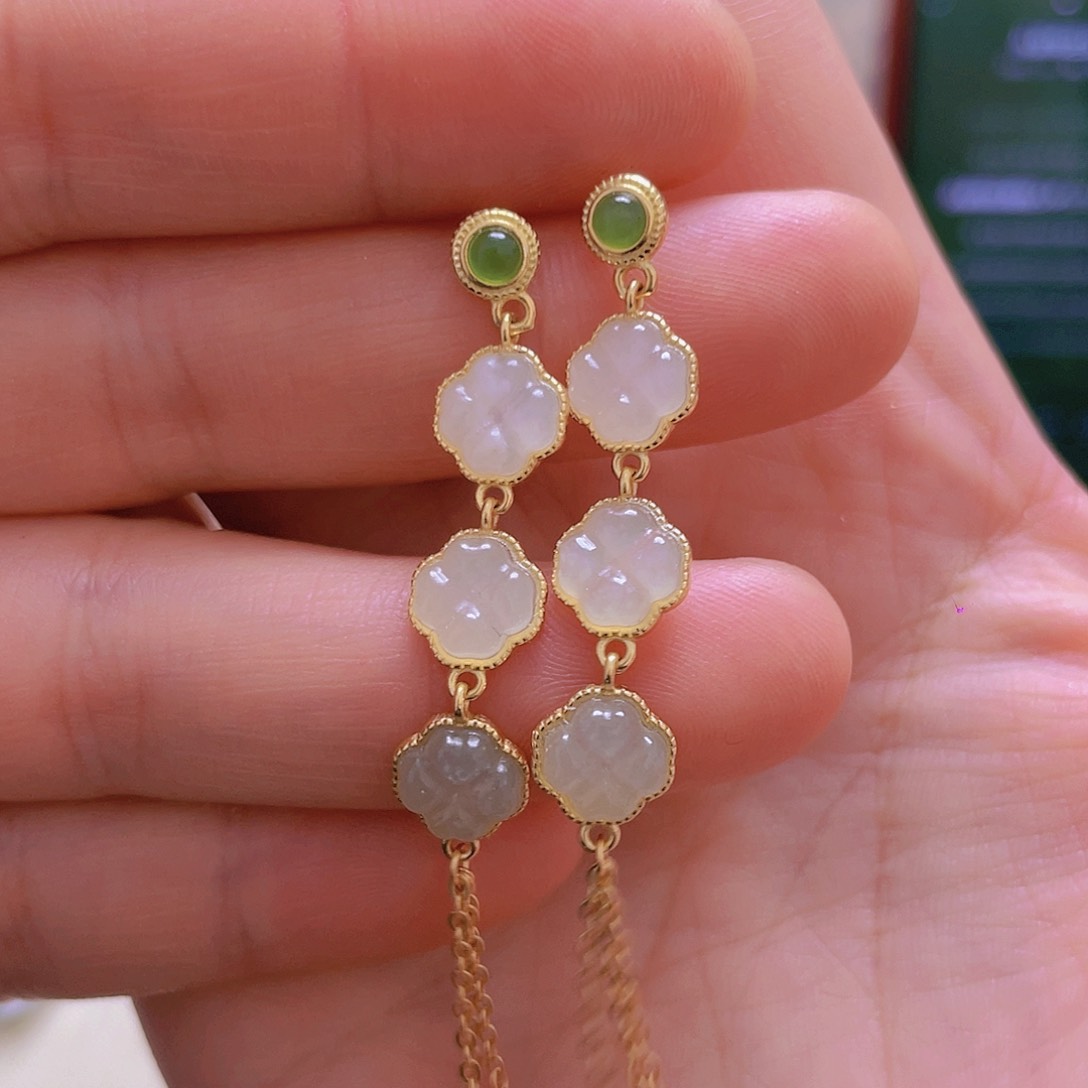 和田玉耳饰银S925镀金镶嵌