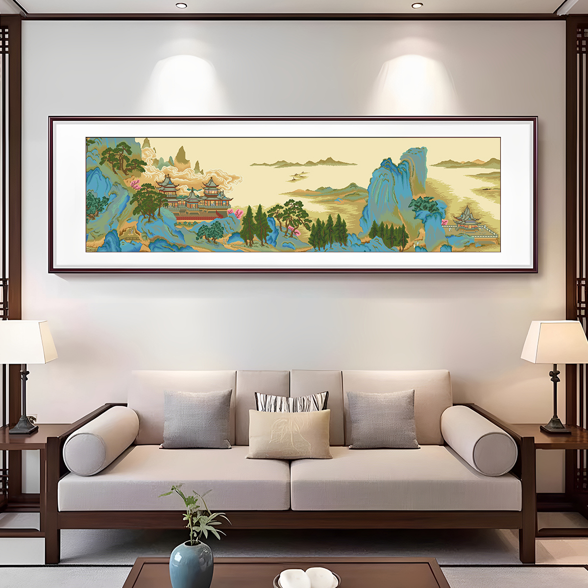 芊虹秀苓岩绮阁十字绣2025新款高端大气刺绣客厅风景名画手工自绣