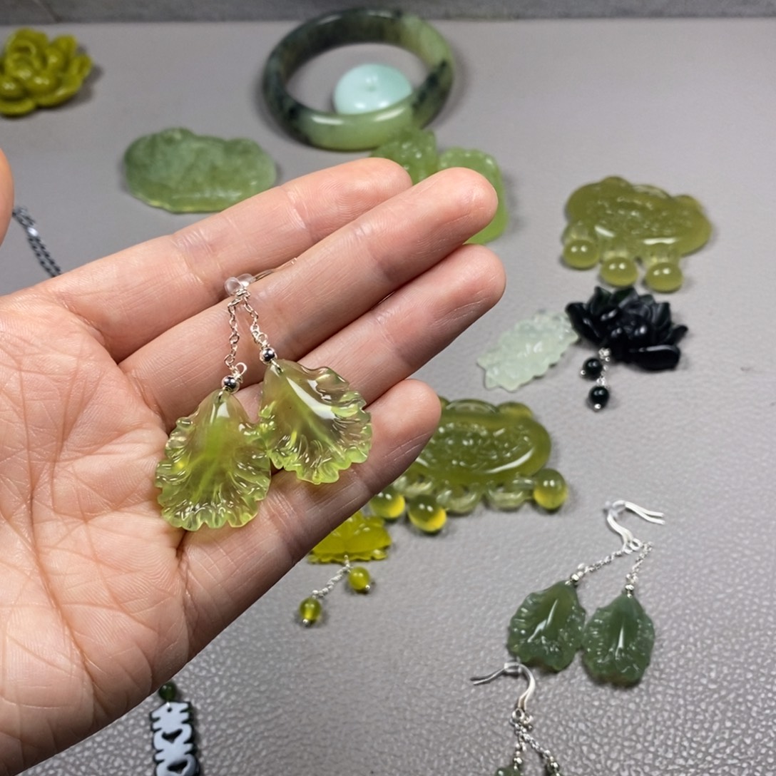 蛇纹石玉银S925镶嵌挂件耳饰耳环项链