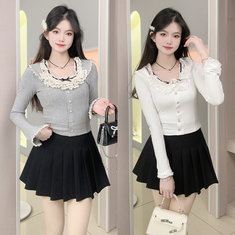 蕾丝花边法式芭蕾风打底小衫t恤女U领蝴蝶结长袖内搭百褶裙半身裙