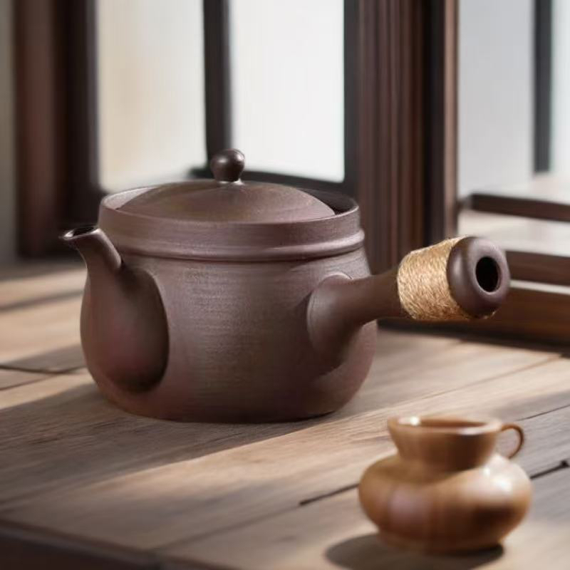 潮州手工柴烧老岩泥大容量煮茶壶侧把壶大宽口煮水壶功夫茶具茶器