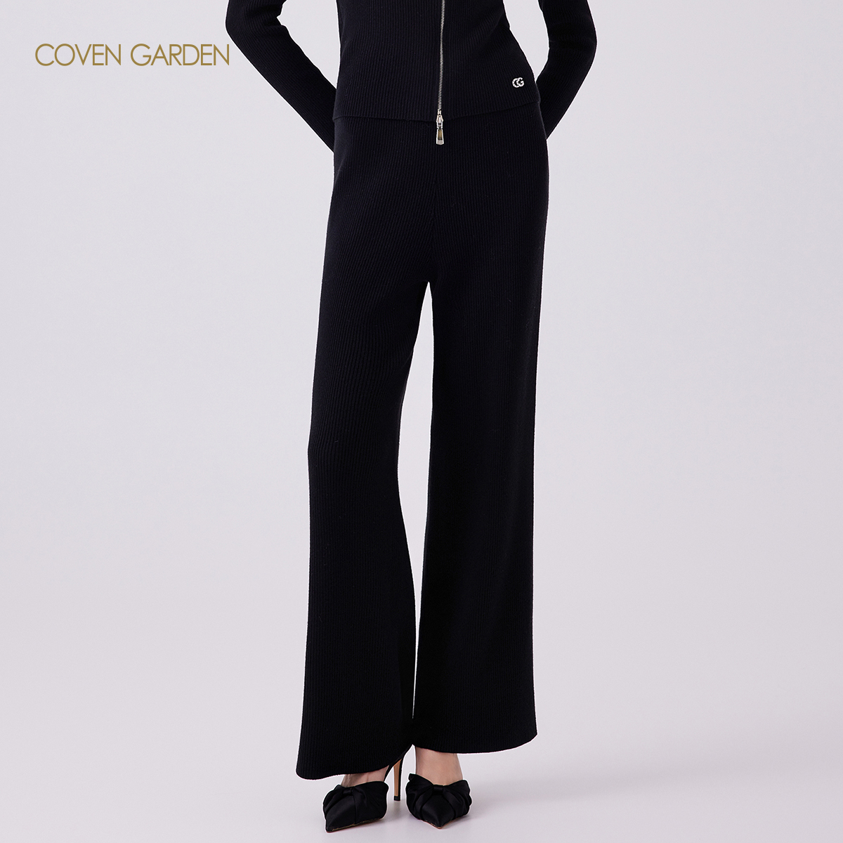 哥文花园黑色简约垂坠感羊毛织长裤女休闲裤CLA3034850