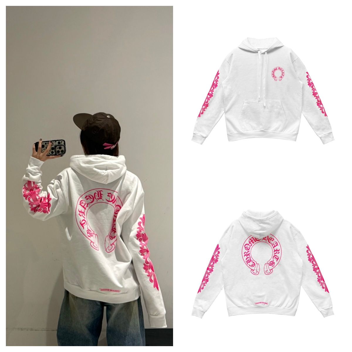 Chrome Hearts 克罗心 粉色大马蹄印花帽衫 白色 