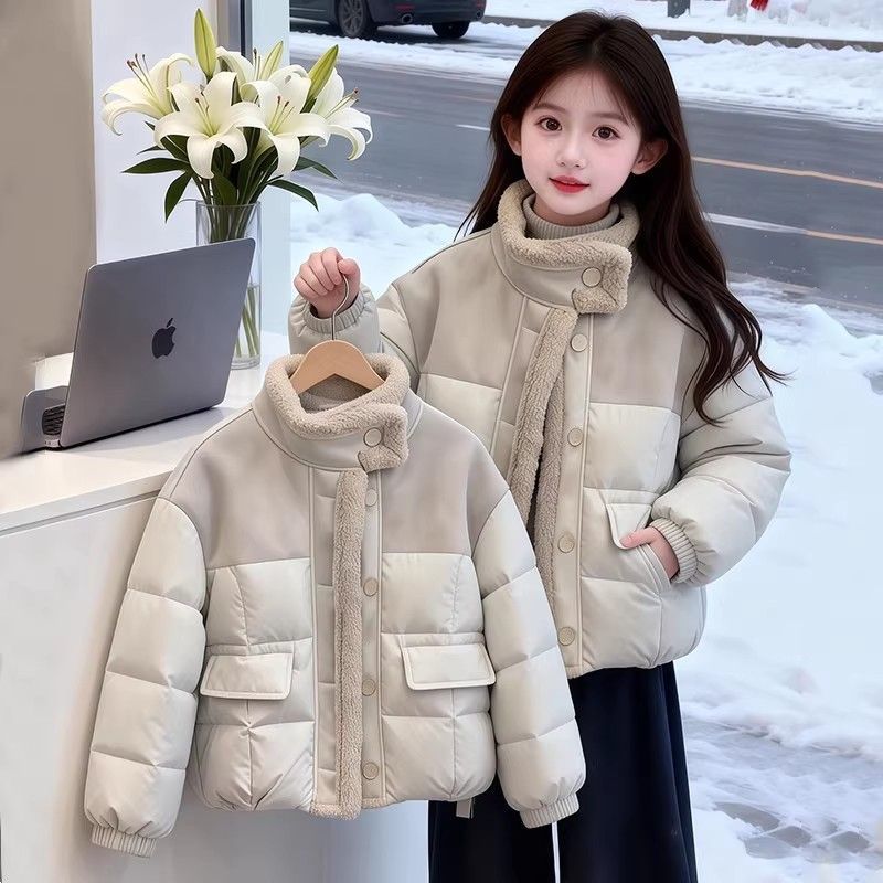 女童棉服冬季2025新款大童韩版夹棉外套冬装儿童皮毛一体拼接棉衣
