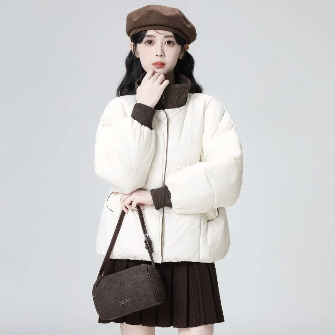 针织拼接立领短款女冬季加厚保暖百搭服外套