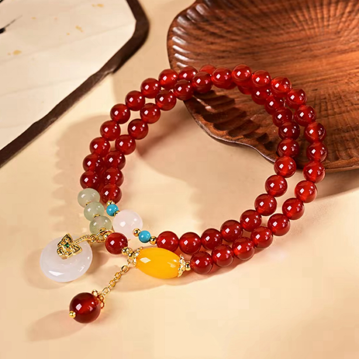 南红玛瑙双圈手串 A690 精美手串 高端文玩手串 挂件 -（无礼盒）