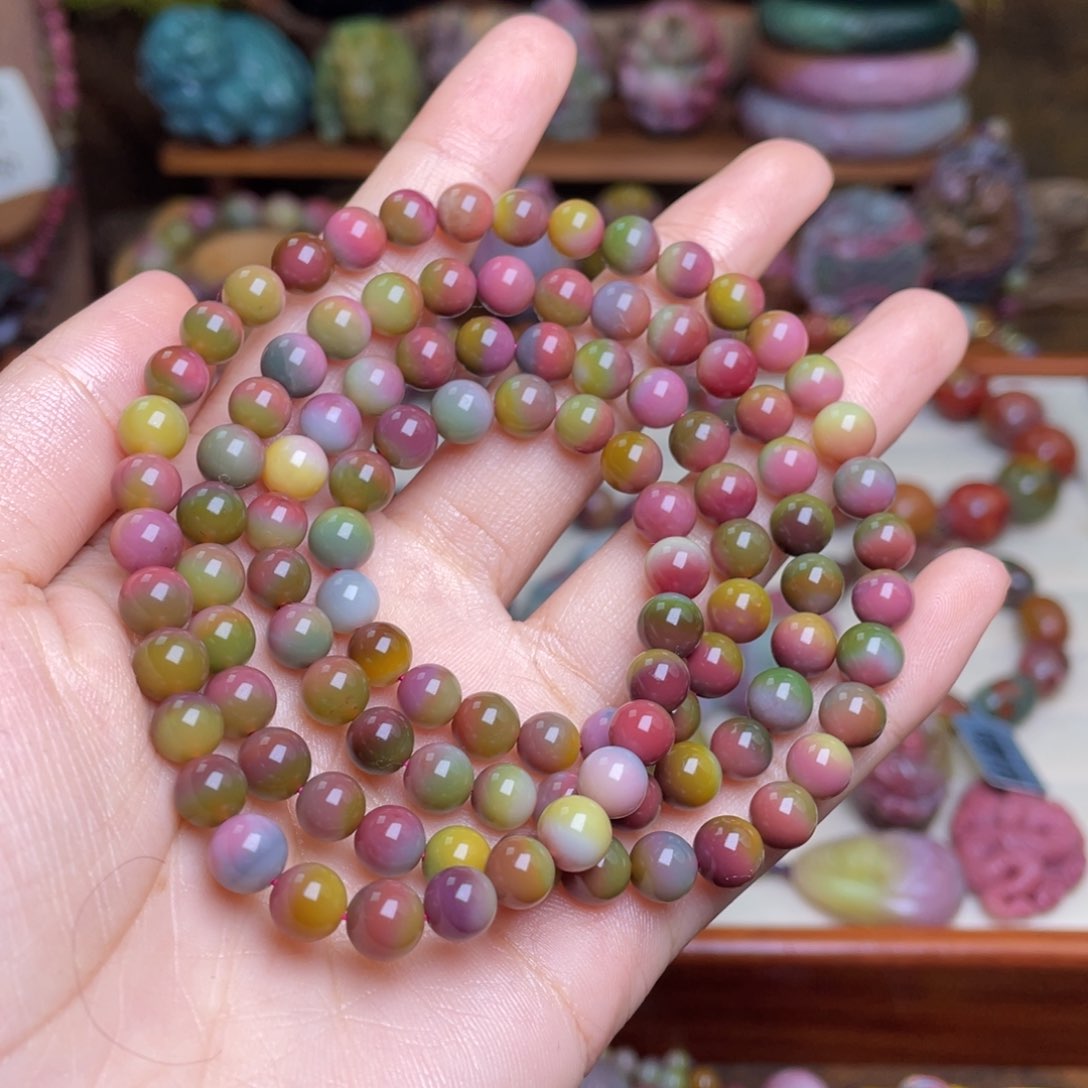 玛瑙/玉髓珠宝半成品未镶嵌张*莎盐源玛瑙炫彩西瓜手串