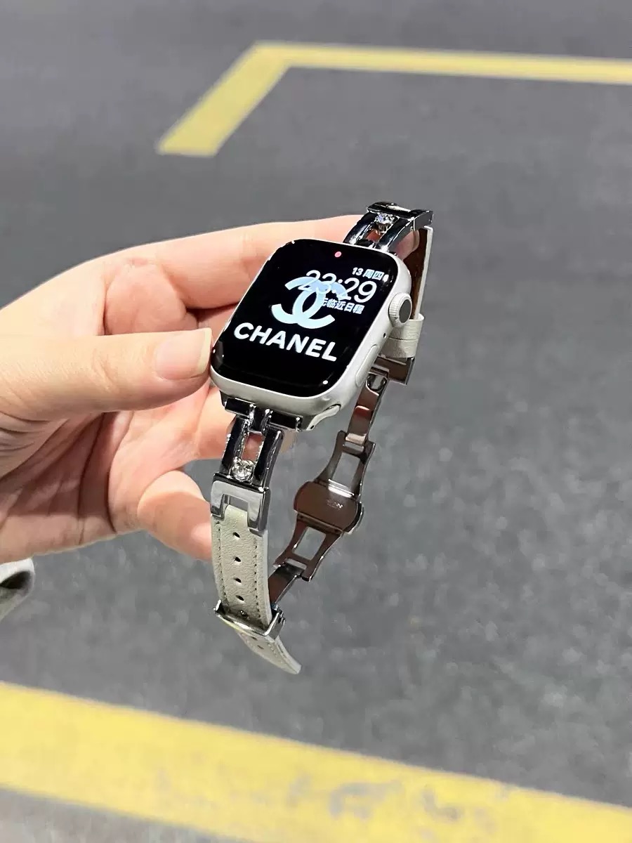 金属拼皮蝴蝶扣适用苹果手表表带滑梯钻石