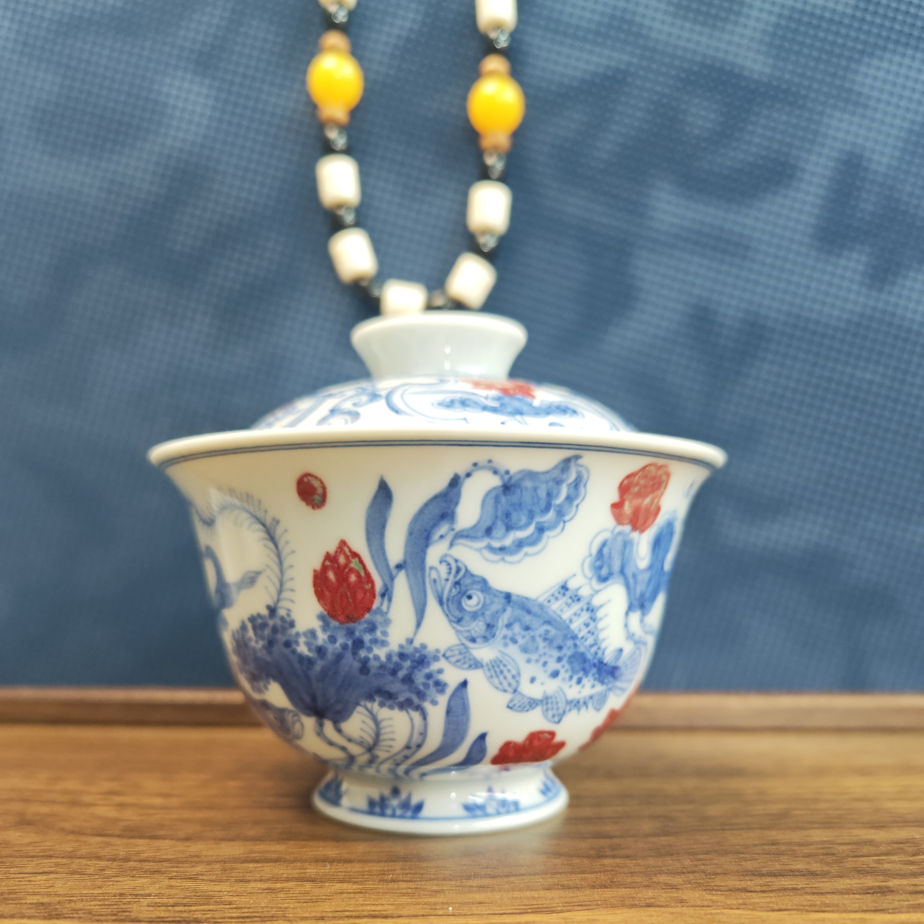 景德镇手工手绘青花釉里红鱼藻纹元宝盖碗小盖碗陶瓷盖碗功夫茶具